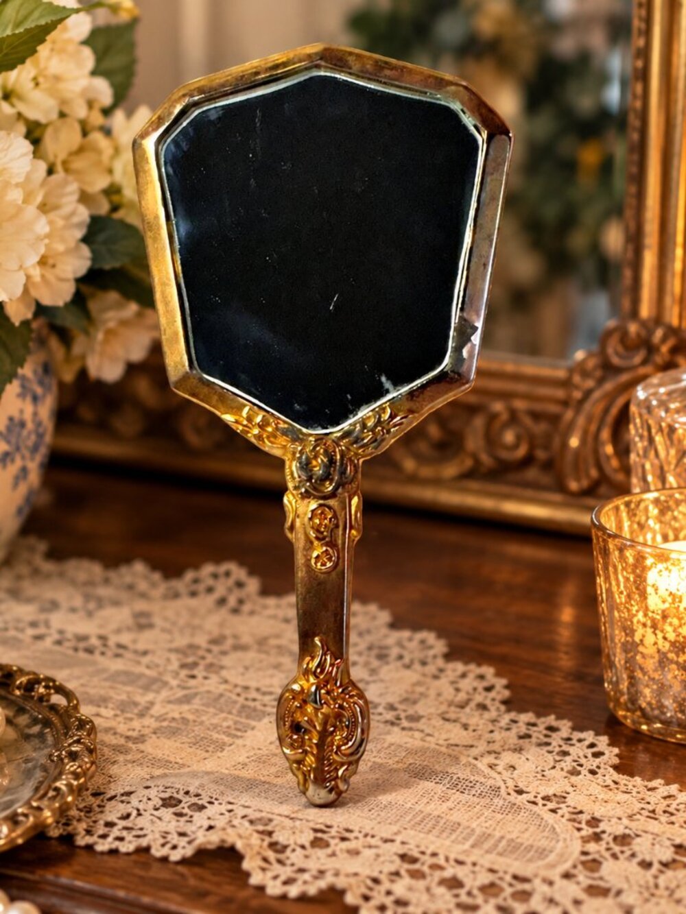 Vintage Godinger GSA Ornate Hand Mirror Gold Tone Baroque Vanity 4.5"